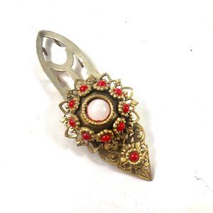 Beautiful Vintage White and Red Dress Clip Gold Tone GLOWS